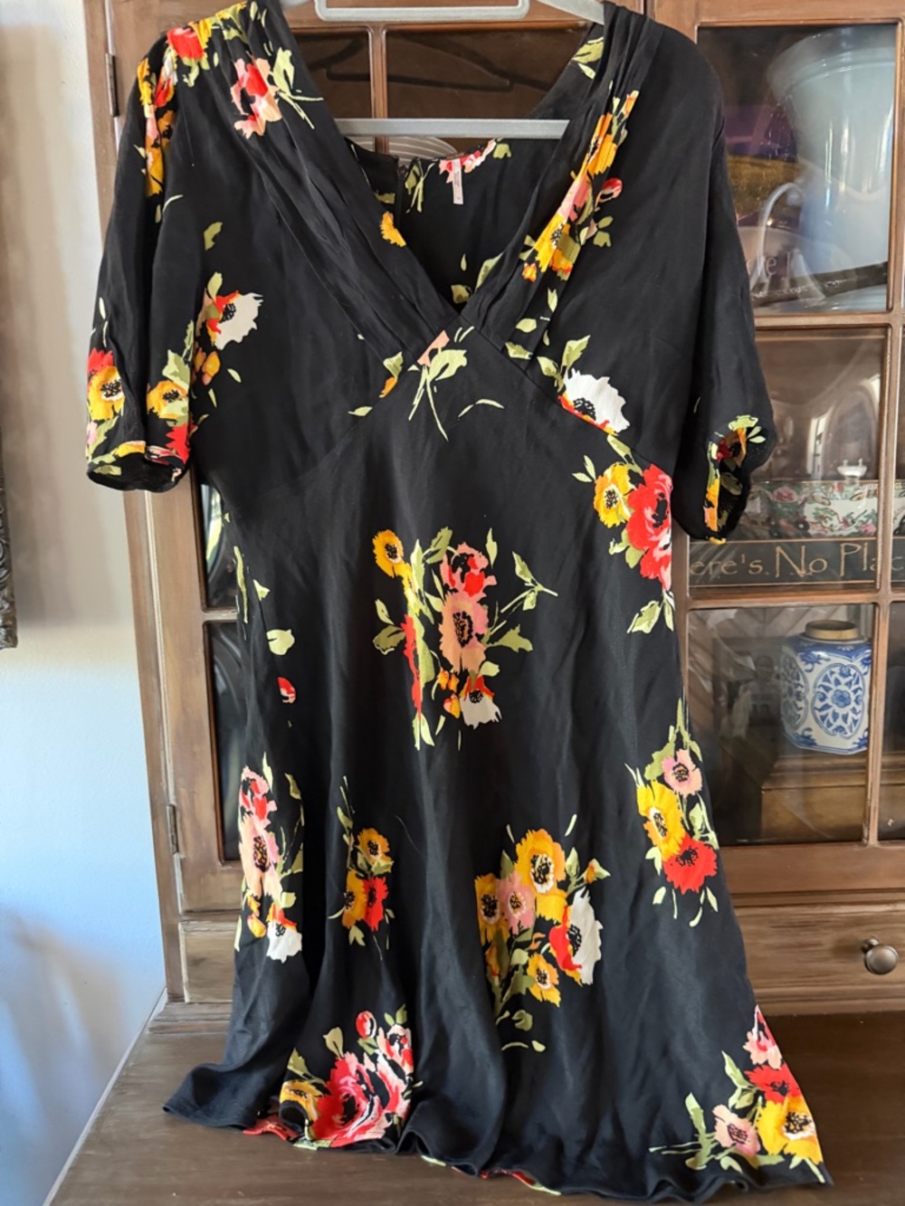 Free People Black Floral V-Neck Tunic with Yellow, Red and Pink Blooms